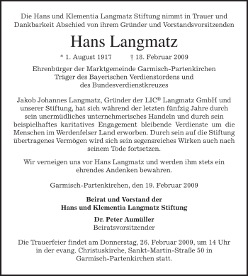 Traueranzeige von Hans Langmatz von MERKUR & TZ