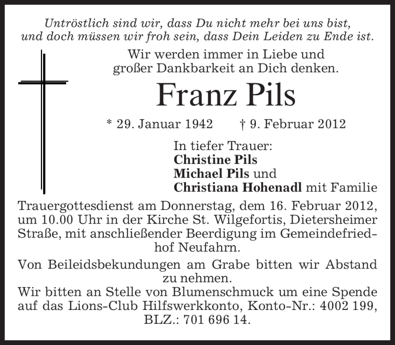  Traueranzeige für Franz Pils vom 14.02.2012 aus MERKUR & TZ