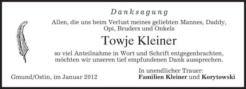  Traueranzeige für Towje Kleiner vom 14.01.2012 aus MERKUR & TZ