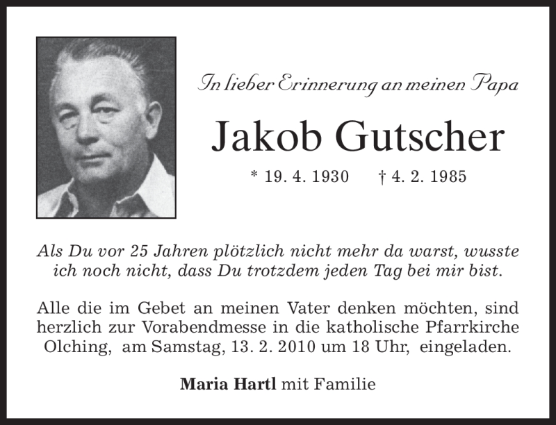  Traueranzeige für Jakob Gutscher vom 04.02.2010 aus MERKUR & TZ