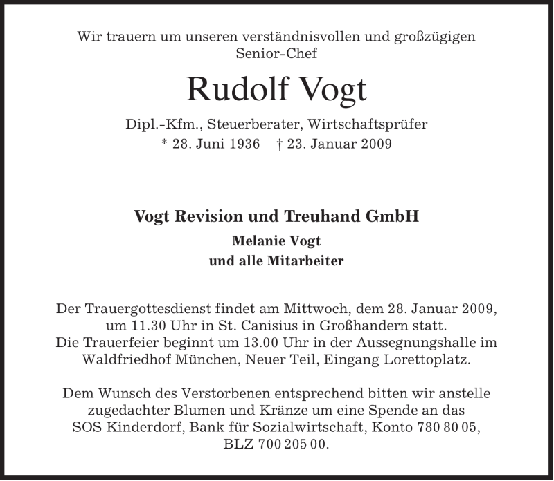  Traueranzeige für Rudolf Vogt vom 26.01.2009 aus MERKUR & TZ
