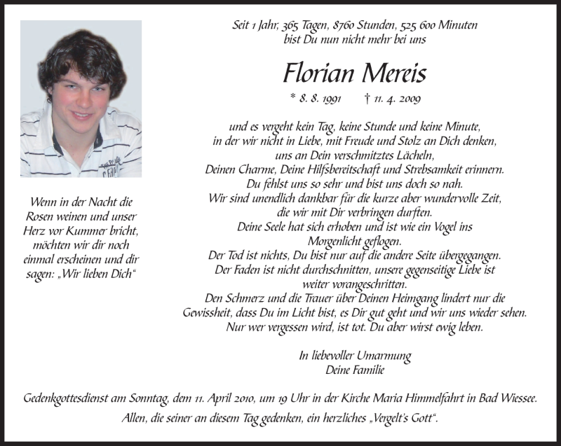  Traueranzeige für Florian Mereis vom 10.04.2010 aus MERKUR & TZ