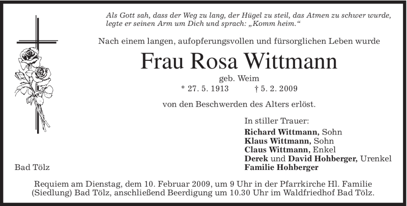  Traueranzeige für Rosa Wittmann vom 07.02.2009 aus MERKUR & TZ