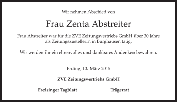 Traueranzeige von Zenta Abstreiter von merkurtz