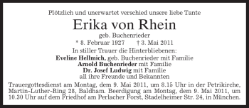 Traueranzeige von Erika von Rhein von MERKUR & TZ