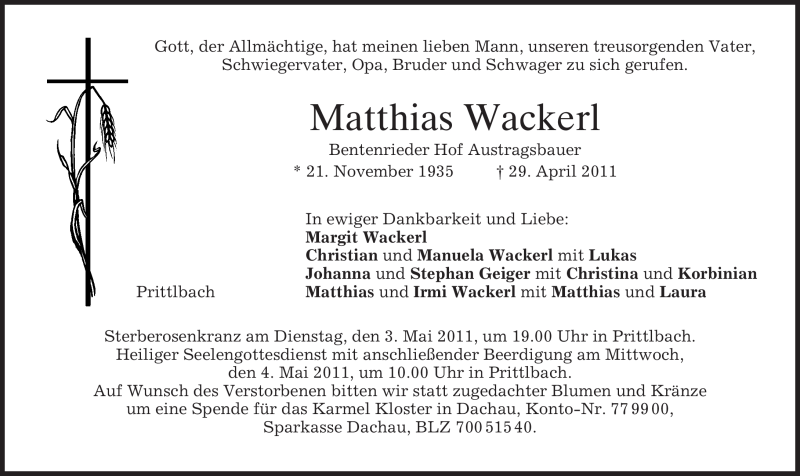  Traueranzeige für Matthias Wackerl vom 02.05.2011 aus MERKUR & TZ