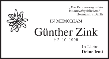 Traueranzeige von Günther Zink von MERKUR & TZ