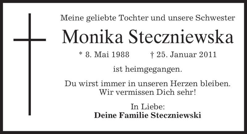  Traueranzeige für Monika Steczniewska vom 04.02.2011 aus MERKUR & TZ