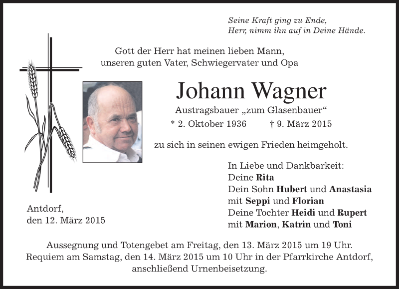  Traueranzeige für Johann Wagner vom 12.03.2015 aus merkurtz