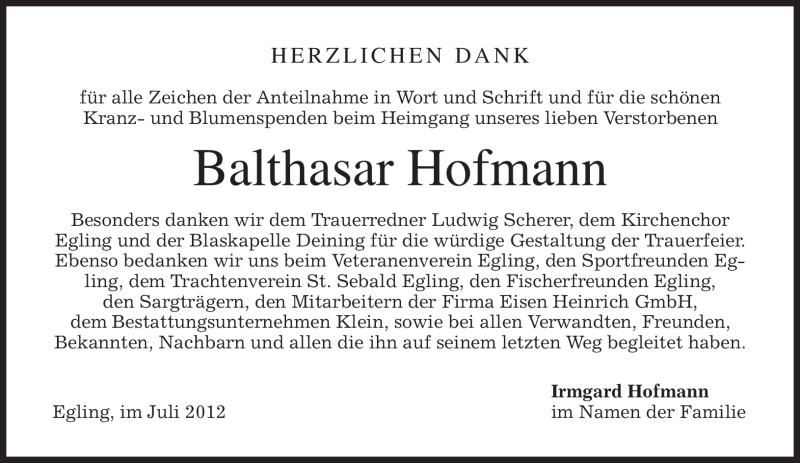  Traueranzeige für Balthasar Hofmann vom 07.07.2012 aus MERKUR & TZ