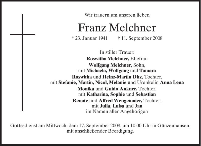  Traueranzeige für Franz Melchner vom 15.09.2008 aus MERKUR & TZ