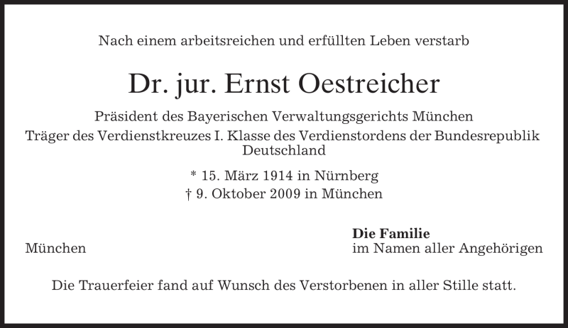 Traueranzeige für Ernst Oestreicher vom 17.10.2009 aus MERKUR & TZ