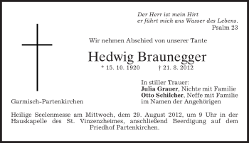 Traueranzeige von Hedwig Braunegger von MERKUR & TZ