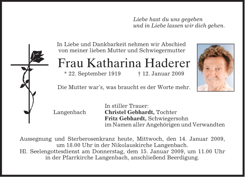  Traueranzeige für Katharina Haderer vom 14.01.2009 aus MERKUR & TZ