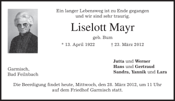 Traueranzeige von Liselott Mayr von MERKUR & TZ