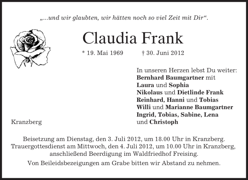  Traueranzeige für Claudia Frank vom 02.07.2012 aus MERKUR & TZ
