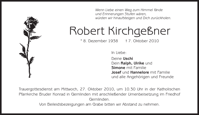  Traueranzeige für Robert Kirchgeßner vom 23.10.2010 aus MERKUR & TZ