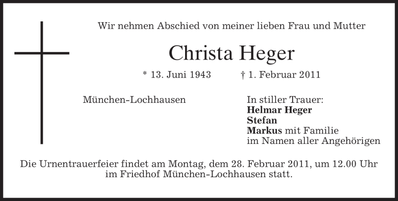  Traueranzeige für Christa Heger vom 24.02.2011 aus MERKUR & TZ