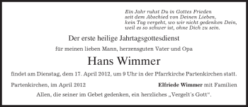Traueranzeige von Hans Wimmer von MERKUR & TZ