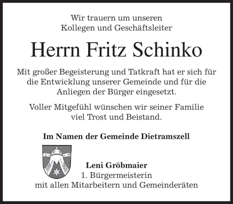  Traueranzeige für Fritz Schinko vom 18.08.2011 aus MERKUR & TZ
