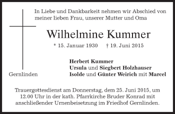 Traueranzeige von Wilhelmine Kummer von merkurtz
