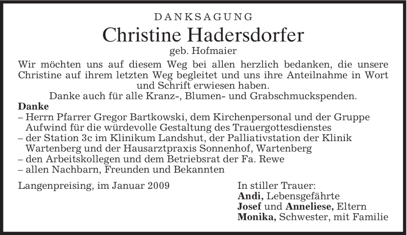  Traueranzeige für Christine Hadersdorfer vom 10.01.2009 aus MERKUR & TZ