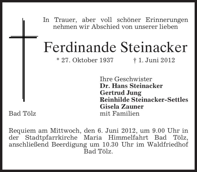  Traueranzeige für Ferdinande Steinacker vom 02.06.2012 aus MERKUR & TZ