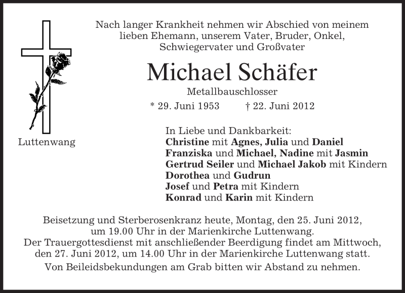  Traueranzeige für Michael Schäfer vom 25.06.2012 aus MERKUR & TZ