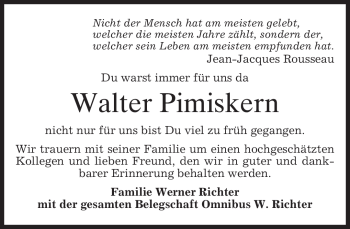 Traueranzeige von Walter Pimiskern von MERKUR & TZ