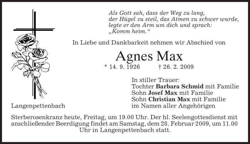  Traueranzeige für Agnes Max vom 27.02.2009 aus MERKUR & TZ