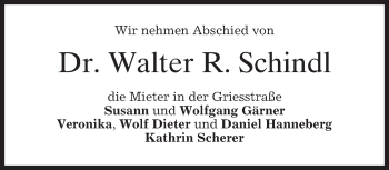 Traueranzeige von Walter R. Schindl von merkurtz