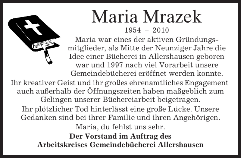  Traueranzeige für Maria Mrazek vom 03.11.2010 aus MERKUR & TZ