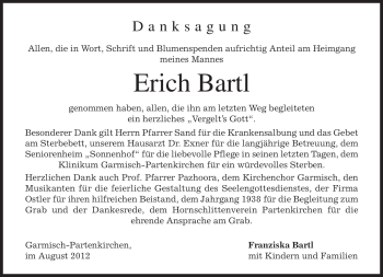 Traueranzeige von Erich Bartl von MERKUR & TZ