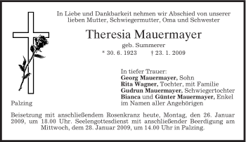 Traueranzeige von Theresia Mauermayer von MERKUR & TZ