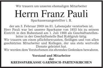 Traueranzeige von Franz Pauli von MERKUR & TZ