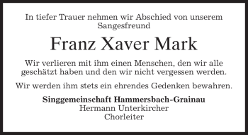 Traueranzeige von Franz Xaver Mark von MERKUR & TZ