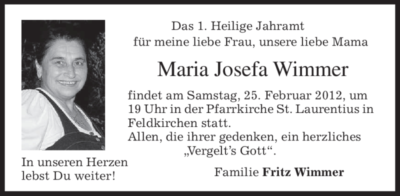  Traueranzeige für Maria Josefa Wimmer vom 24.02.2012 aus MERKUR & TZ