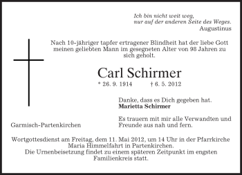 Traueranzeige von Carl Schirmer von MERKUR & TZ
