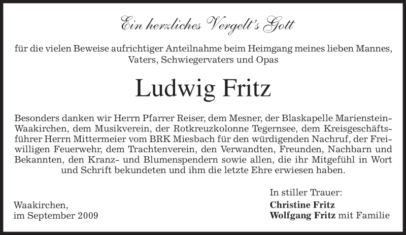  Traueranzeige für Ludwig Fritz vom 05.09.2009 aus MERKUR & TZ