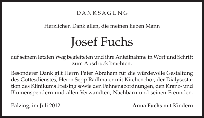  Traueranzeige für Josef Fuchs vom 25.08.2012 aus MERKUR & TZ