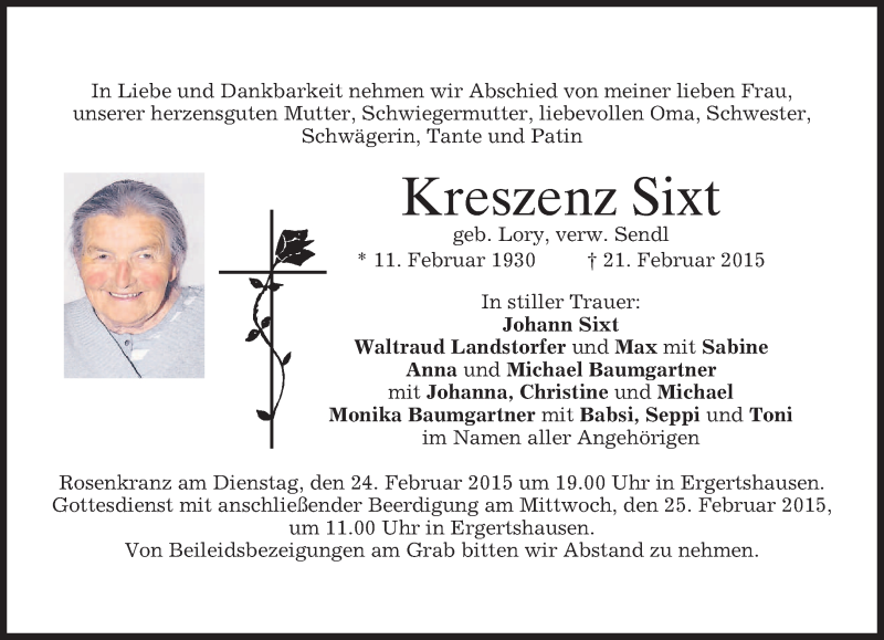  Traueranzeige für Kreszenz Sixt vom 23.02.2015 aus merkurtz
