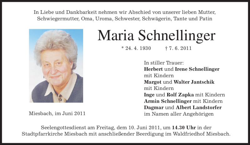 Traueranzeigen von Maria Schnellinger | trauer.merkur.de