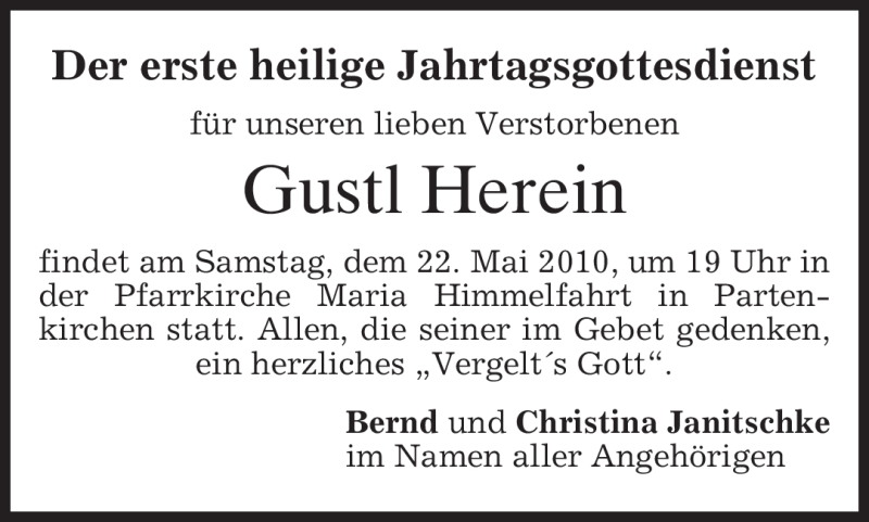  Traueranzeige für Gustl Herein vom 15.05.2010 aus MERKUR & TZ
