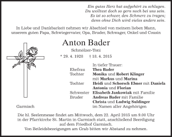 Traueranzeige von Anton Bader von merkurtz