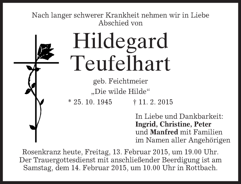  Traueranzeige für Hildegard Teufelhart vom 13.02.2015 aus merkurtz