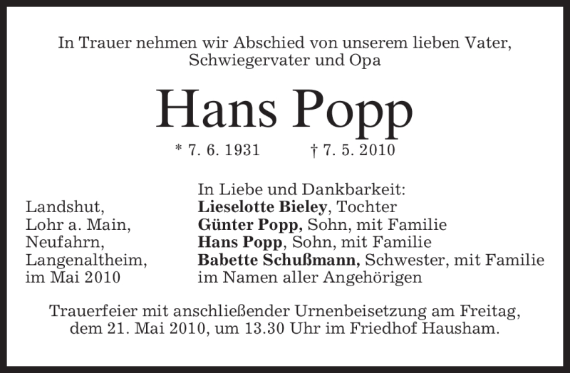  Traueranzeige für Hans Popp vom 19.05.2010 aus MERKUR & TZ