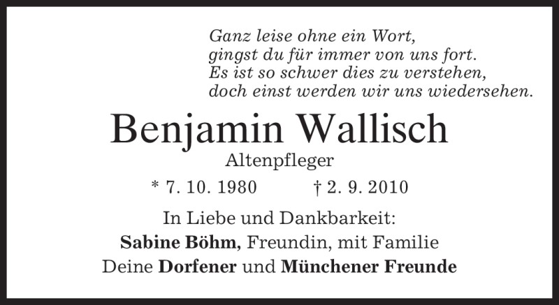  Traueranzeige für Benjamin Wallisch vom 06.09.2010 aus MERKUR & TZ