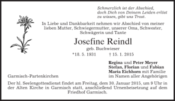 Traueranzeige von Josefine Reindl von merkurtz