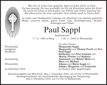 Traueranzeige von Paul Sappl von MERKUR & TZ