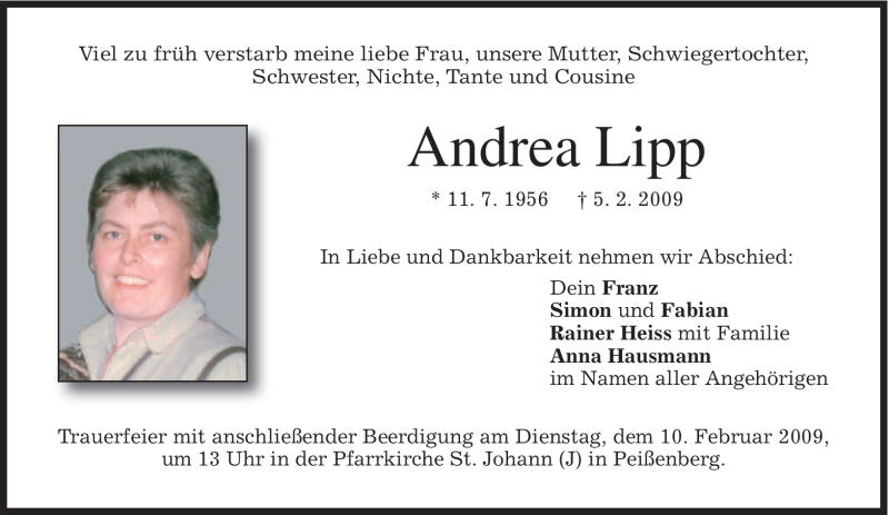  Traueranzeige für Andrea Lipp vom 07.02.2009 aus MERKUR & TZ